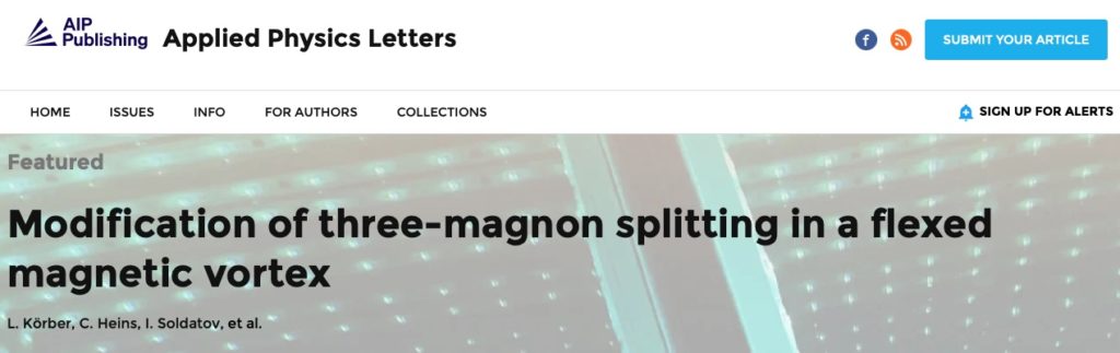 screenshot of the Applied Physics Letters website featuring the article Modification of three-magnon splitting in a flexed magnetic vortex